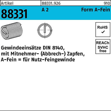 Gewindeeinsatz R 88331 Fo rmA-Fein M12x1,5x18 A 2 1 5 Stück AMECOIL 883319261215018