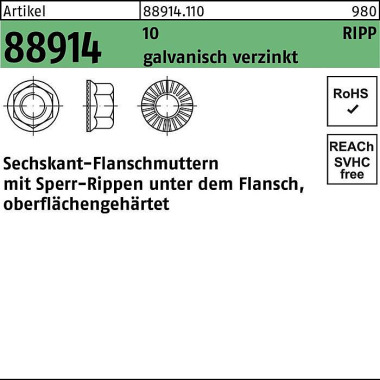 Sechskantflanschmutter R 88914 Sperr-Ripp M5 10 ga lv.verz. 500 Stück 889141100050000