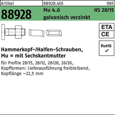 Hammerkopfschraube R 8892 8 28/15 6-ktmutter M6x20 Mu4.6 galv.verz. 100St. H ALFEN 889284100060020