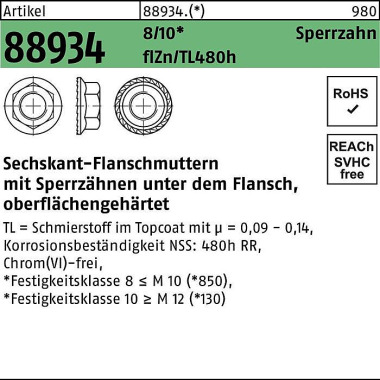 Sechskantflanschmutter R 88934 Sperrzahn M12 10 fl Znnc 480h-L 100St. 889341300120000