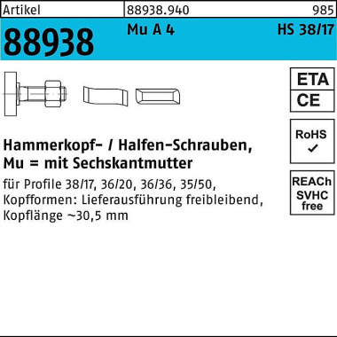 Hammerkopfschraube R 8893 8 38/17 6-ktmutter M16x 3 0 MuA 4 10St. HALFEN 889389400160030