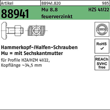 Hammerkopfschraube R 8894 1 HZS41/22 6ktmu. M12x50 Mu8.8 feuerverz. 100St. H ALFEN 889418200120050