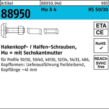 Hammerkopfschraube R 8895 0 Typ 50/30 6-ktmutter M1 6x 40 Mu A 4 10St. HALFEN 889509400160040