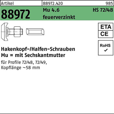 Hammerkopfschraube R 8897 2 Typ 72/48 M20x100 Mu 4. 6 feuerverz. 15St. HALFEN 889724200200100