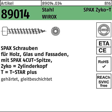 ZYLKOschraube R 89014 T-S TAR 6x 140-T30 Stahl WIRO X 100 Stück SPAX 890140340060140