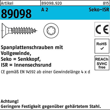 Spanplattenschraube R 890 98 SEKO ISR VG 5x 20-T25 A 2 1000 Stück 890989200050020