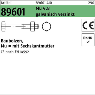 Baubolzen R 89601 CE 6-kt mutter M12x 600 Mu 4.8 ga lv.verz. 25 Stück 896014100120600