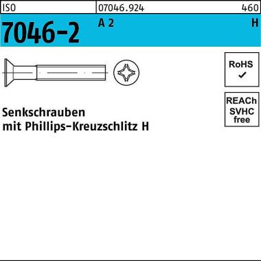 Senkschraube ISO 7046-2 P H M8x 80-H A 2 100 Stück 070469240080080