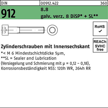 Zylinderschraube DIN 912 Innen-6kt M6x 22 8.8 gal Zn 8 DiSP + SL 500St. 009124220060022