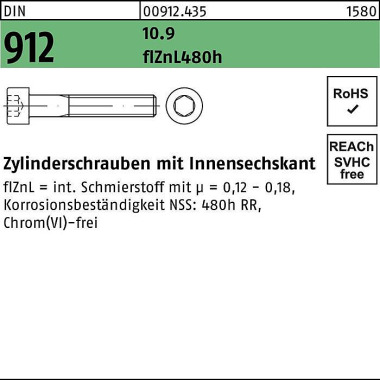 Zylinderschraube DIN 912 Innen-6kt M6x16 10.9 flZn L/nc/x/x/480h/C 500St. 009124350060016