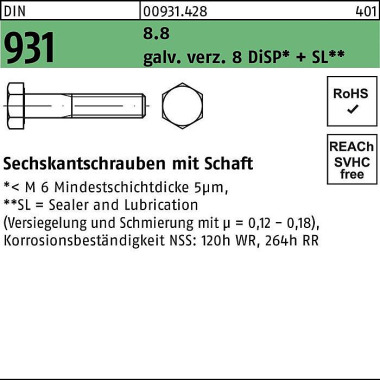 Sechskantschraube DIN 931 Schaft M6x 80 8.8 gal Zn 8 DiSP + SL 200 Stück 009314280060080