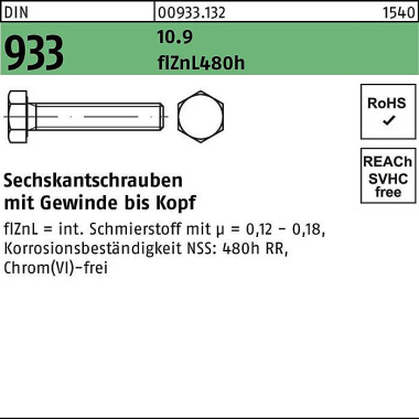 Sechskantschraube DIN 933 VG M6x 25 10.9 flZnL/nc/ x/x/480h/C 500 Stück 009331320060025