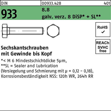 Sechskantschraube DIN 933 VG M3x 10 8.8 gal Zn DiS P + SL 500 Stück 009334280030010