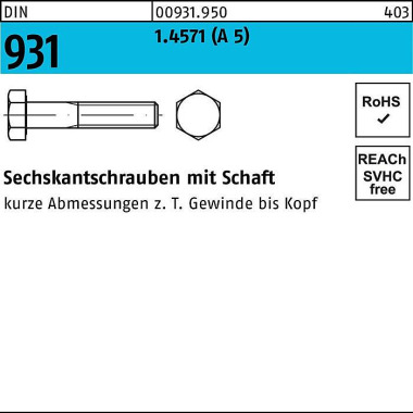 Sechskantschraube DIN 931 Schaft M8x 80 A 5 50 Stü ck 009319500080080