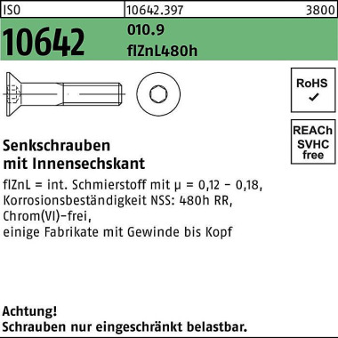 Senkschraube ISO 10642 In nen-6kt M10x50 010.9 flZn L 480h zinklamellenb. 100 St. 106423970100050