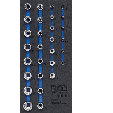 BGS Zásobník nástrojů 1/3: Nástrčné hlavice 12bodové | 6,3 mm (1/4„) / 12,5 mm (1/2“) | 29 ks. 4056