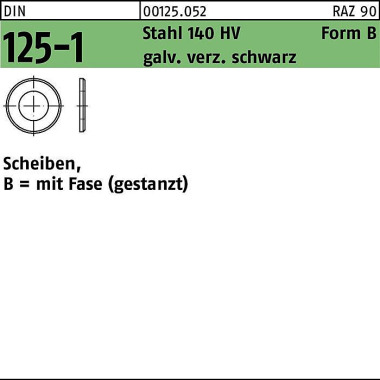 Unterlegscheibe DIN 125-1 B 4,3x9x0,8 Stahl 140 HV galv.verz. sw 1000St. 001250520043000