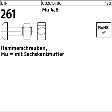 Hammerschraube DIN 261 Se chskantmutter M20x 60 Mu 4.6 10 Stück 002614000200060