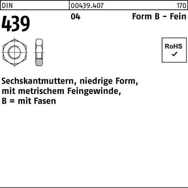 Sechskantmutter DIN 439/I SO 4035 FormB BM 12x 1,5 Automatenstahl 100 Stück 004394070120150