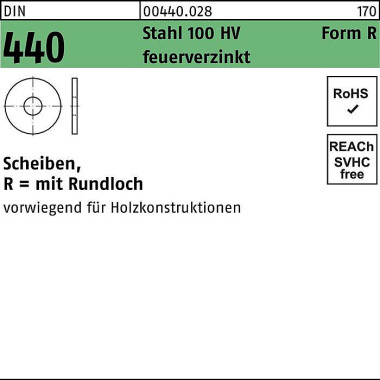 Scheibe DIN 440/ISO 7094 FormR R 17,5x 56x 5 Stahl 100 HV feuerverz. 50St. 004400280175000