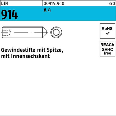 Gewindestift DIN 914 Spit ze/Innen-6kt M16x 40 A 4 10 Stück 009149400160040