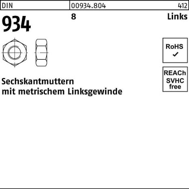 Sechskantmutter DIN 934 l inks M8 -LH 8 100 Stück 009348040080000