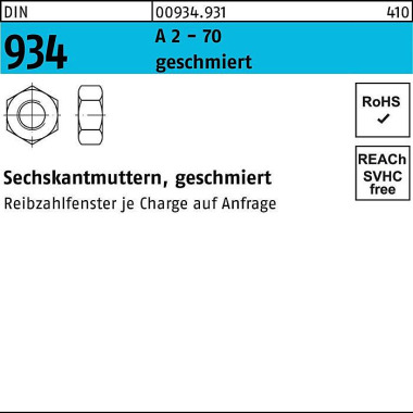 Sechskantmutter DIN 934 M 10 A 2 -70 geschmiert 250 Stück 009349310100000