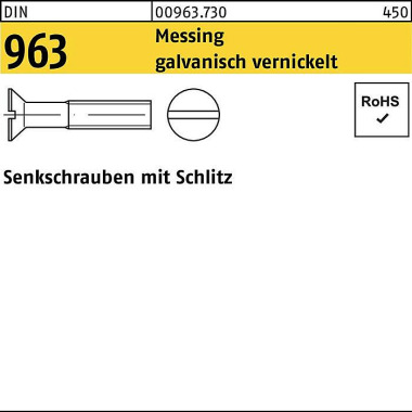 Senkschraube DIN 963 Schl itz M3x 10 Messing galv. vernickelt 200 Stück 009637309030010