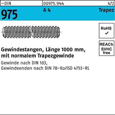 Gewindestange DIN 975 Tra pezgewinde TR 30x 6x 1000 mm A 4 1 Stück 009759440300600