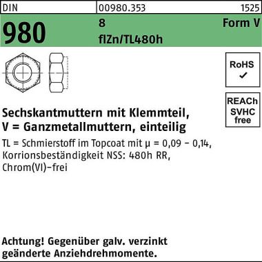 Sechskantmutter DIN 980 K lemmteil VM 8 8 zinklamel lenbes. flZnnc 480h-L 500 St. 009803530080000