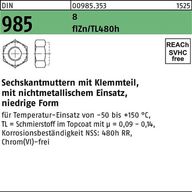 Sechskantmutter DIN 985 K lemmteil M33 8 zinklamell enbes. flZnnc 480h-L 25St . 009853530330000