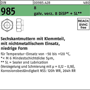 Sechskantmutter DIN 985 K lemmteil M16 8 galv.verz. 100 Stück 009854280160000