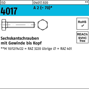 Sechskantschraube ISO 401 7 VG M22x 70 A 2 (- 70) 1 0 Stück 040179200220070