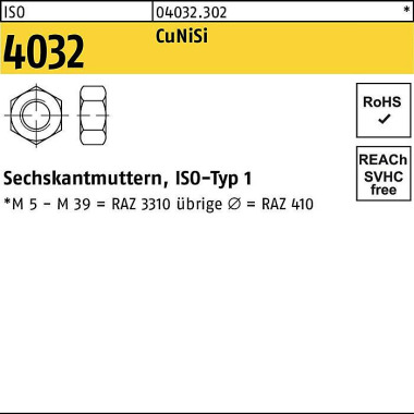 Sechskantmutter ISO 4032 M10 CuNiSi 100 Stück 040323020100000