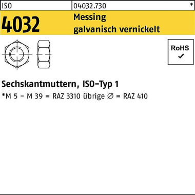 Sechskantmutter ISO 4032 M6 Messing galv. vernicke lt 1000 Stück 040327300060000