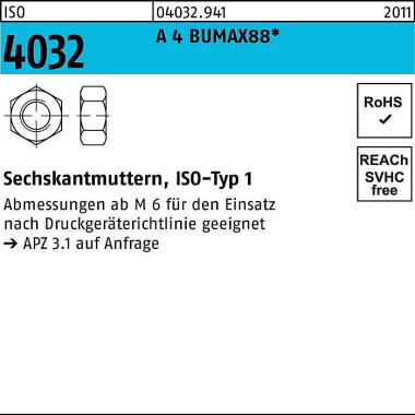 Sechskantmutter ISO 4032 M6 A 4 BUMAX88 100 Stück BUFAB 040329410060000