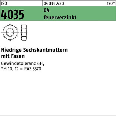 Sechskantmutter ISO 4035 niedrig Fasen M12 Automat enstahl feuerverz. 100St. 040354200120000