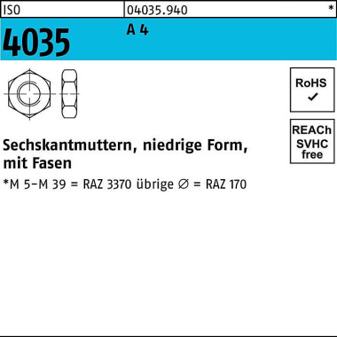 Sechskantmutter ISO 4035 niedrig Fasen M2,5 A 4 10 0 Stück 040359400025000