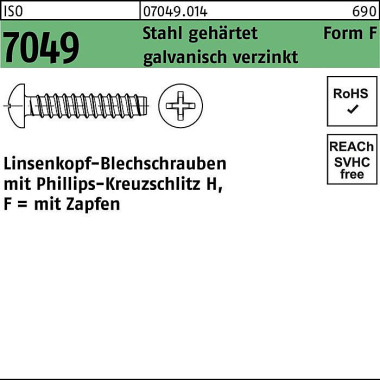 Blechschraube ISO 7049 LI KO Zapfen/PH F 2,2x6,5-H Stahl geh.galv.verz. 2000 St. 070490140022006