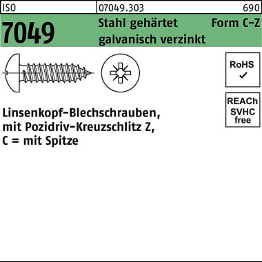 Blechschraube ISO 7049 LI KO Spitze/PZ 6,3x 45 -C-Z Stahl geh.galv.verz. 100 St. 070493039063045