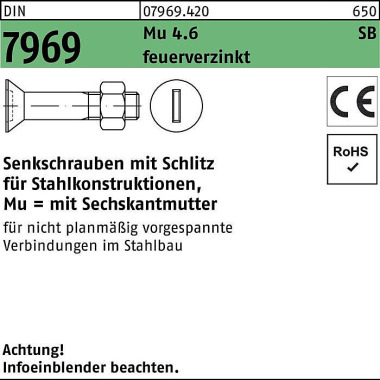 Senkschraube DIN 7969 U/C E Schlitz/Mutter M12x 35 4.6 feuerverz. 100St. 079694200120035