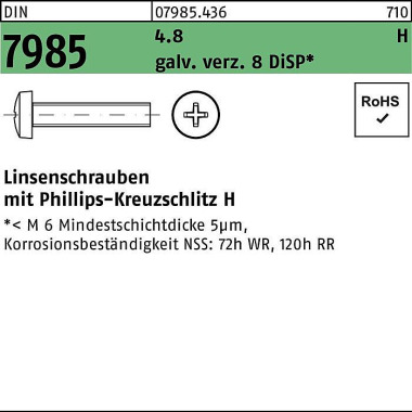 Linsenschraube DIN 7985 P H M4x20-H 4.8 galv.verz. 8 DiSP 2000St. 079854360040020