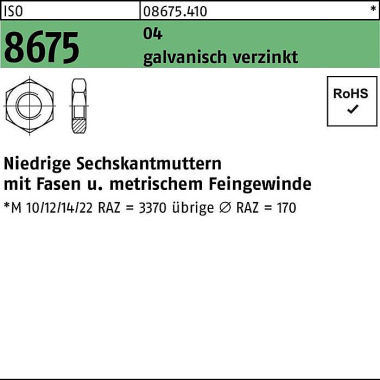 Sechskantmutter ISO 8675 Fasen M10x1,25 Automatens tahl galv.verz. 100St. 086754100100125