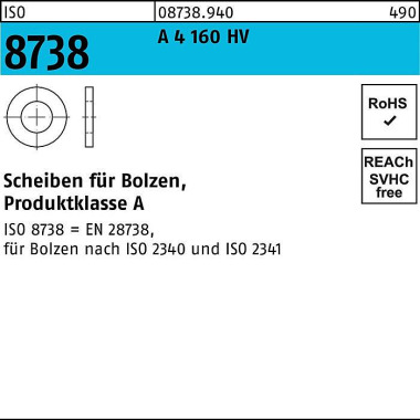 Scheibe ISO 8738 f.Bolzen 8 A 4 160 HV 50 Stück 087389400080000