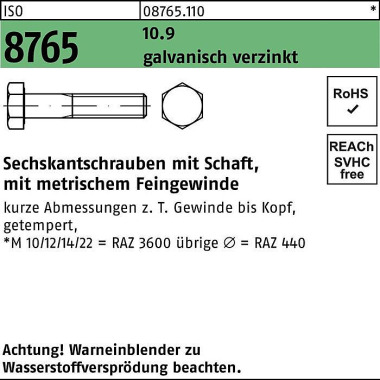 Sechskantschraube ISO 876 5 Schaft M16x1,5x75 10.9 galv.verz. 25St. 087651100161075