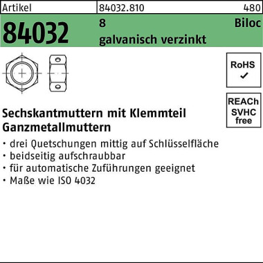 Sechskantmutter R 84032 B iloc Klemmteil M8 8 galv. verz. 1000 Stück 840328100080000