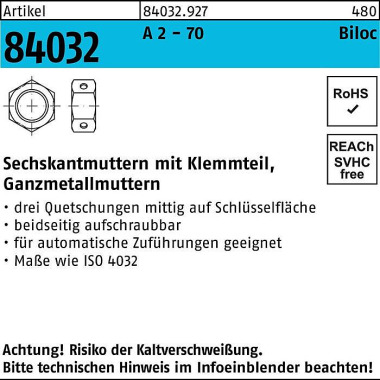 Sechskantmutter R 84032 B iloc Klemmteil M10 A 2 - 70 250 Stück 840329270100000