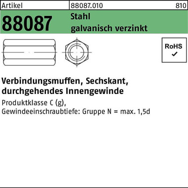 Sechskantverbindungsmuffe R 88087 M6x20 SW10 durch g.IG Stahl gal Zn 100St. 880870100060020