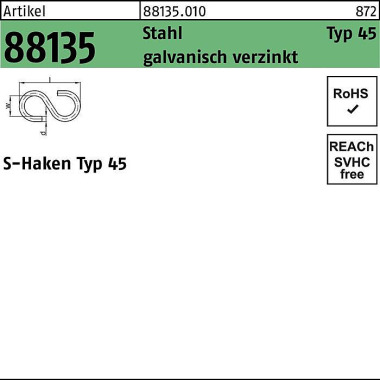 S-Haken R 88135 Typ 45 40 x 11x 3,8 Stahl galv.verz . 100 Stück 881350100000040