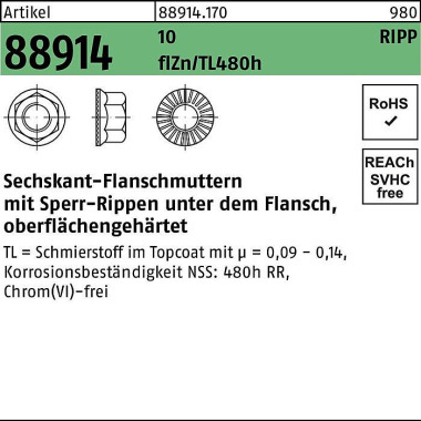 Sechskantflanschmutter R 88914 Sperr-Ripp M16 10 f lZnnc 480h-L 50St. 889141700160000